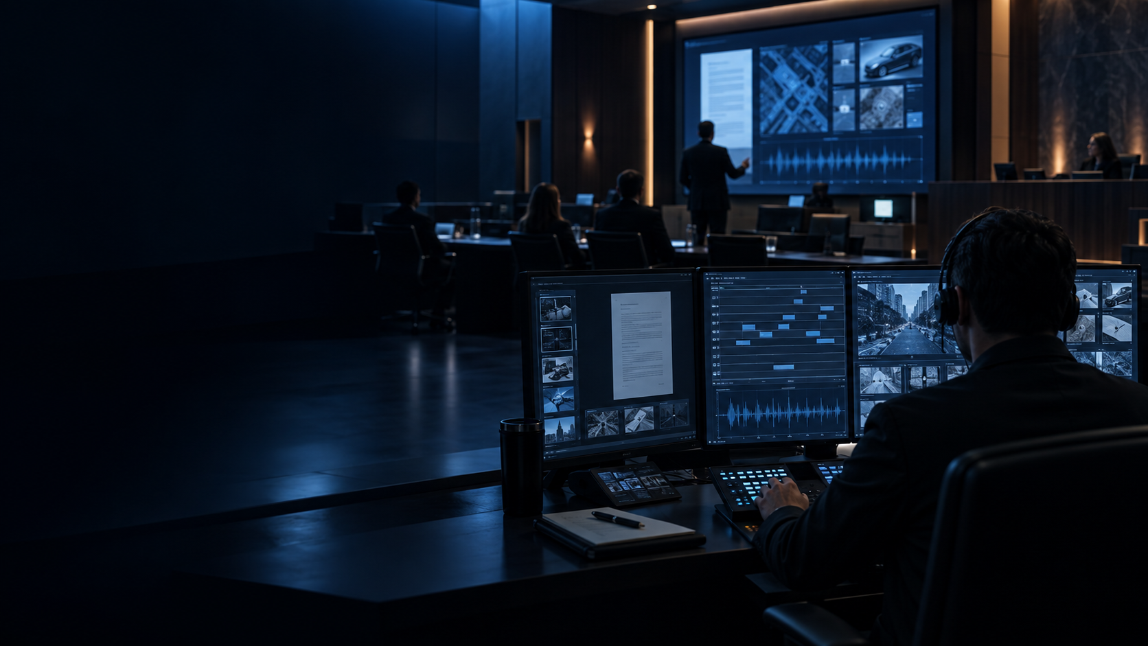 Trial presentation professional working with digital evidence in a modern courtroom environment